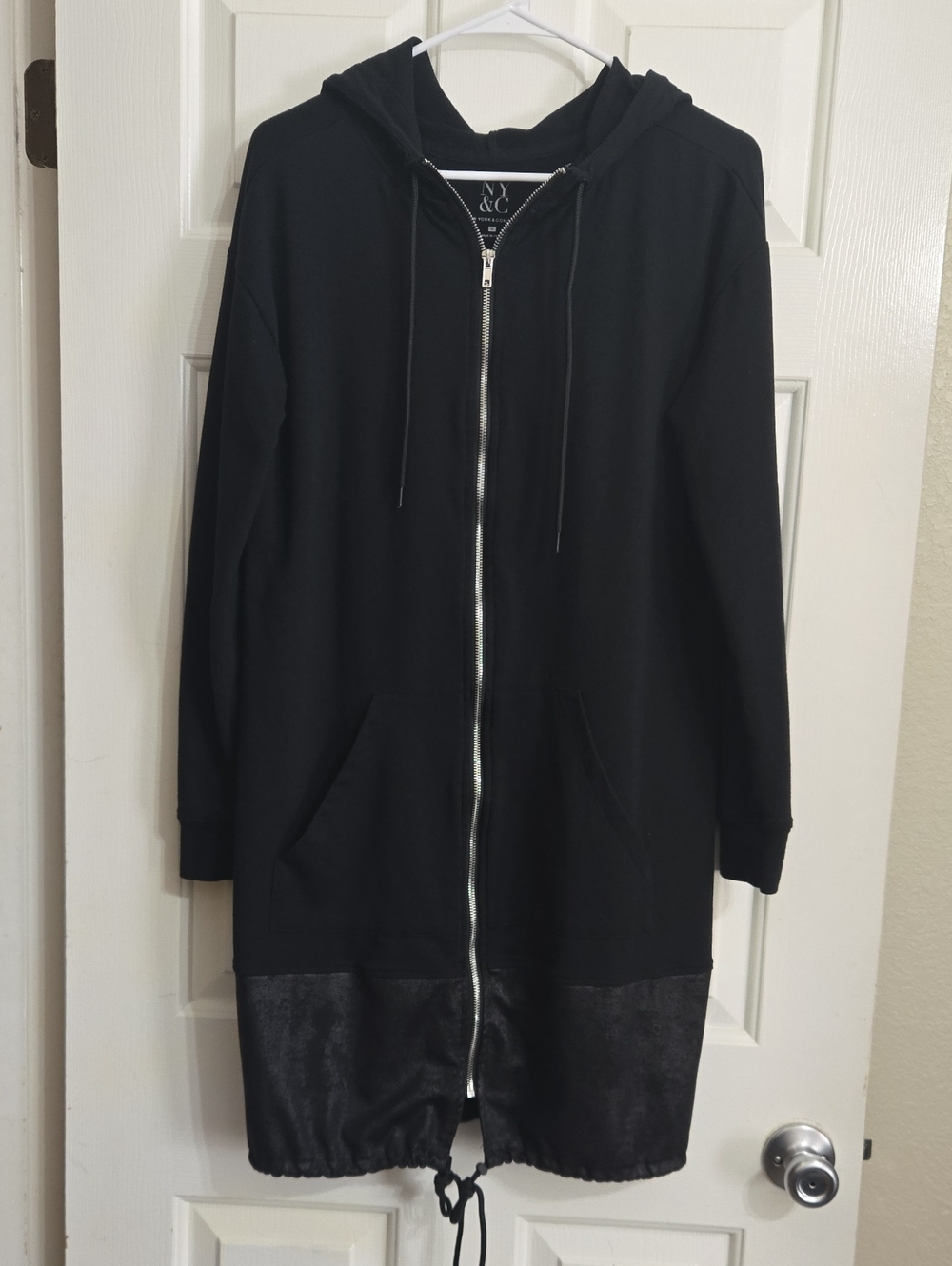 New York & Company Black Hooded Long Zip Jacket with Drawstring Hem